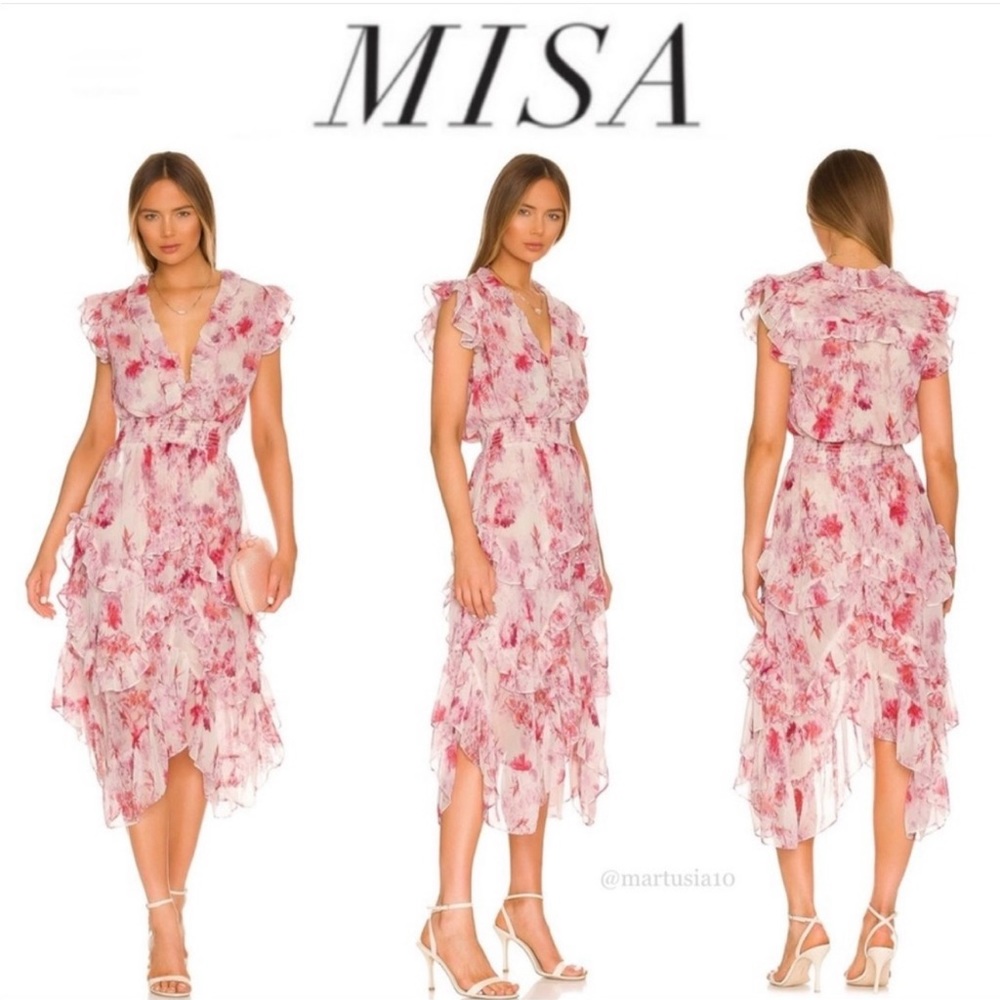 Misa Los Angeles Dakota abstract rose-print ruffle midi dress medium pink white